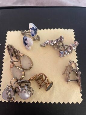 Vintage Mixed Metal and Stone Clip-On Earrings - Blue, White, Gold Tones